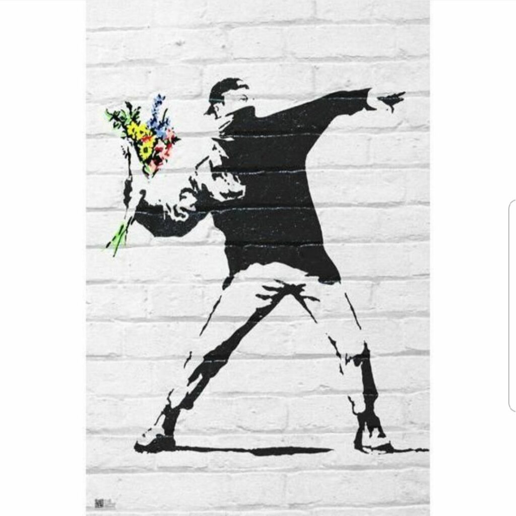 Sharepic "Aktivisti wirft Blumenstrauß"